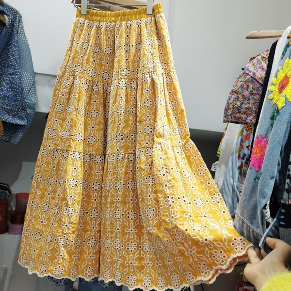

skirts bohemian floral embroidered women hollow cotton elastic waist a-line midi skirt boho autumn femme faldas qyy3, Black