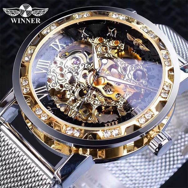 

brand luxury watches classic fashion watch designer watch selling t-winner hollow diamond inlaid mechanical men's manual mesh band, Slivery;brown