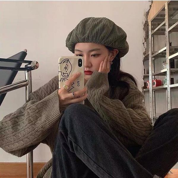 

berets 202108-2508744 autumn spring japanese designer corduroy silver buckle decoratio lady beret hat men women leisure painter, Blue;gray