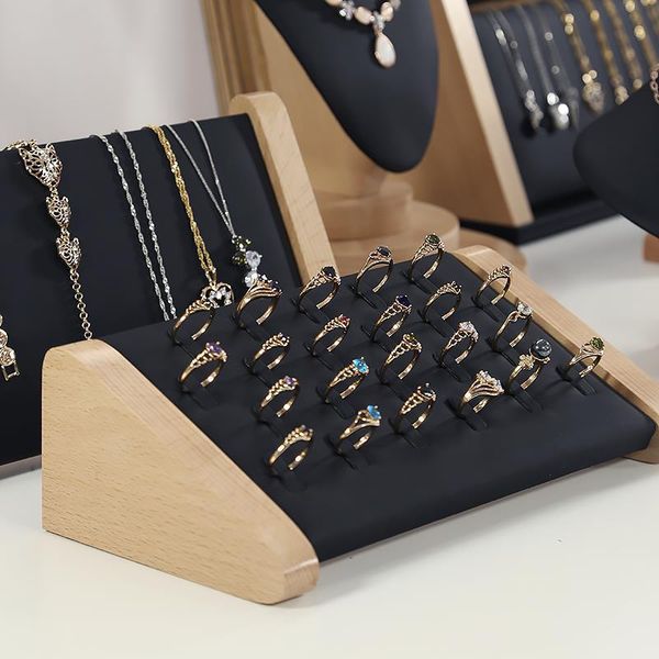 

jewelry pouches, bags solid wood 22 slot rings display stand storage box cabinet pendant earring showcase trays, Pink;blue