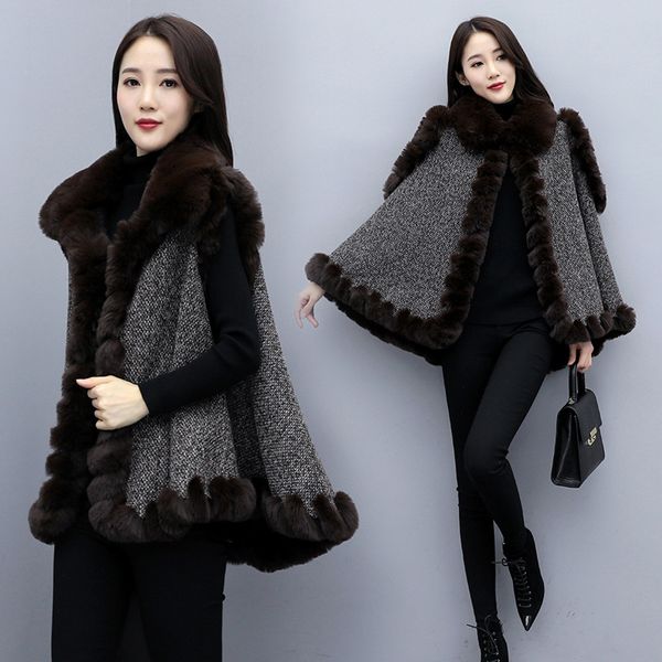 

women's cape luxury cloak overcoat fashion trend women autumn and winter coats fox fur collar pure cashmere sleeveless outerwear, Black