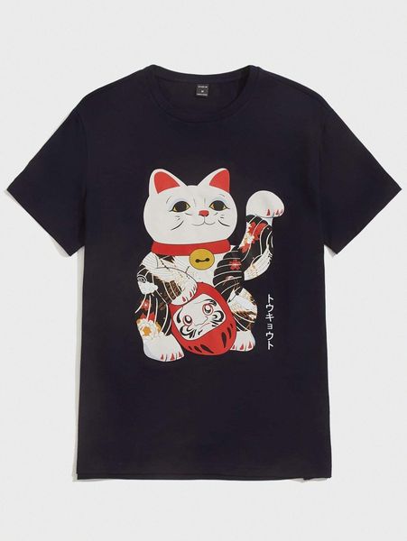 

men cartoon and japanese letter graphic tee k2uh#, White;black