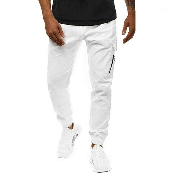 

men's pants mens solid cargo pockets long white casual loose combat jogger trousers 2021 fashion, Black