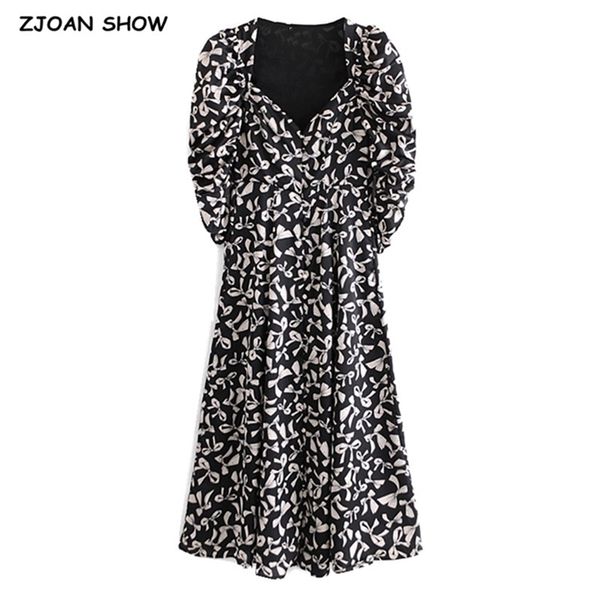 

france style spring women v neck bow print puff sleeve long dress ladies single-breasted buttons midi shirt dresses 210429, Black;gray