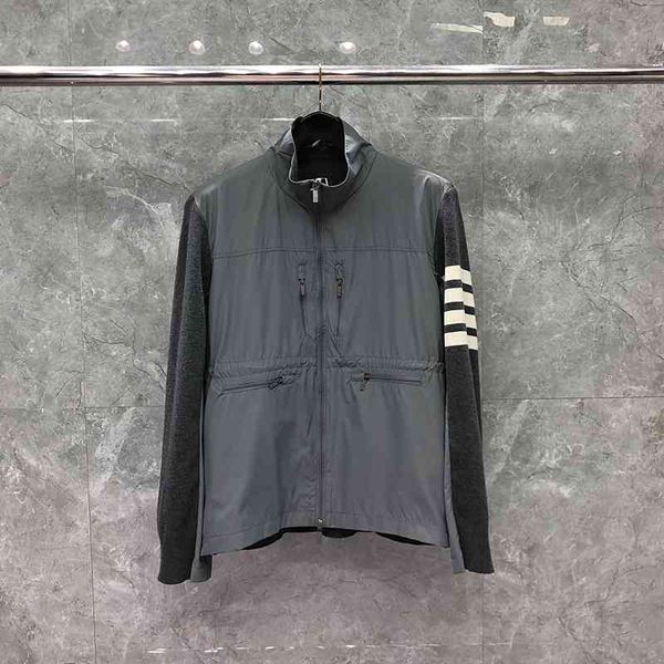 

downs fashion tb thom brand men slim cardigans clothing sweater patchwork jacket stand striped autumn winter casual coat, Black