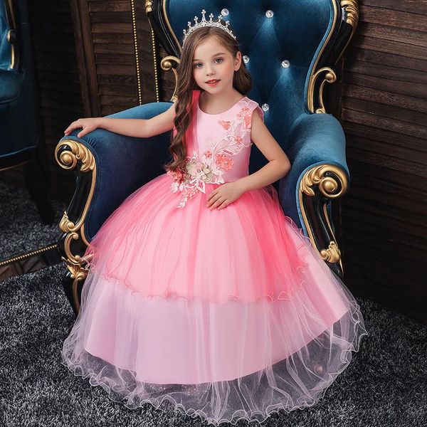 

flower girls dress crystal appliques sequined embroidery sleeveless tulle lace o-neck floor-length kids party princess gown f266 girl's, Red;yellow