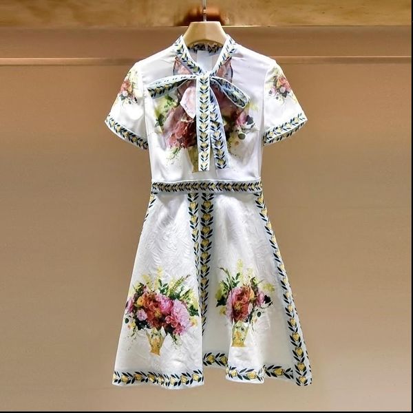 

womens dresses runway dress women summer short sleeve robe femme floral print designers elegant bow party mini vestidos, Black;gray