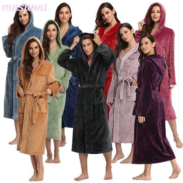 

women's sleepwear masuhai autumn and winter warm thickened lengthened hooded flannel solid color housewear lovers nightgown pajamas bat, Black;red