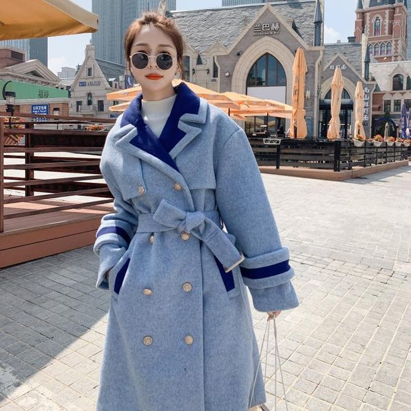 

women's wool & blends 2021 winter british style double breasted loose woolen coats and jackets female elegant vintage casual mid-long o, Black
