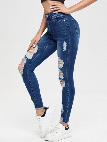 

high waist ripped raw hem cropped jeans y27m#, Blue
