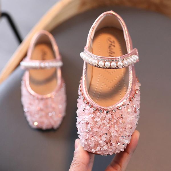 

children pearl princess girls dance leather shoes sequined soft bottom toddler spring baby kids' zapatos flat, Black;grey