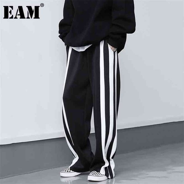 

[eam] high elastic waist black striped contrast color trousers loose fit pants women fashion spring autumn 1dd0783 210915, Black;white