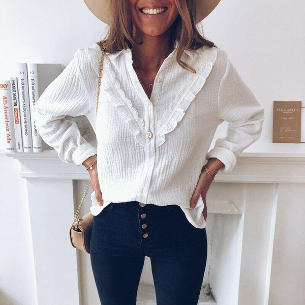 

women's blouses & shirts women shirt v-neck long sleeve button white lace up hollow blouse casual fashion loose plain oversize