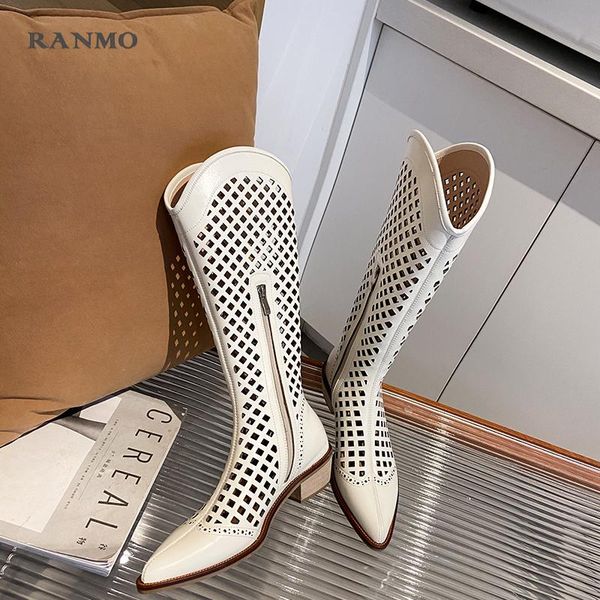 

boots 2021 spring shoes woman designers chic hollow pointed toe natural genuine leather women knee high womens, Black