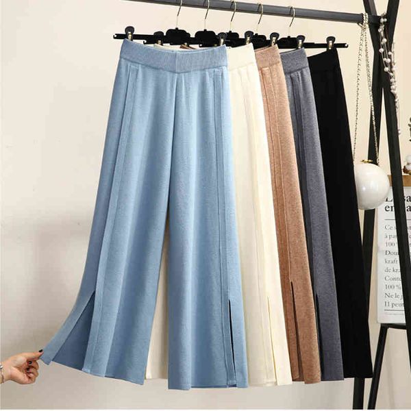 

women's pants & capris autumn winter womens cashmere blend knitted wide leg ankle elastic waist hem split loose knit trousers blue, Black;white