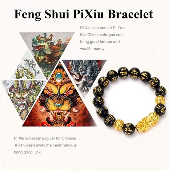 

link, chain pixiu bracelet for women men wealth buddhism bring lucky brave feng shui bracelets amulet jewelry, Black