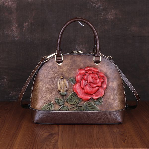 

bags wallet backpack chinese style cow skin bag rose embossed women's hand painted shell, Black;red