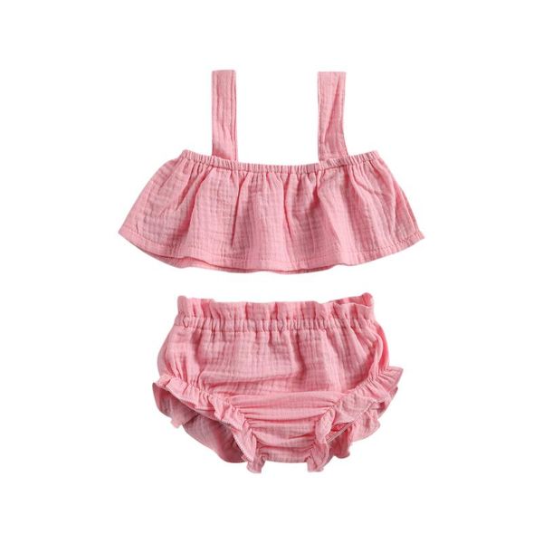 

summer infant born baby girls 2-piece outfit set sleeveless solid color crop + elastic shorts for kids clothing sets, White