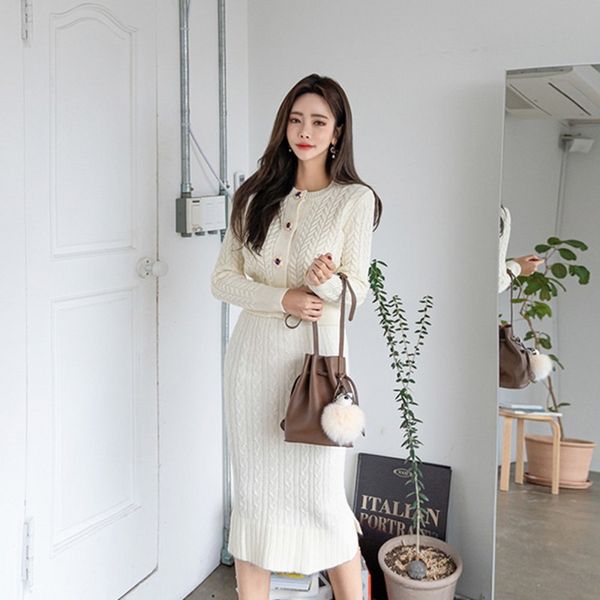 

autumn winter women fashion knit suits 2 piece sets single-breasted knit sweater + mid-calf length sheath skirt 210514, White
