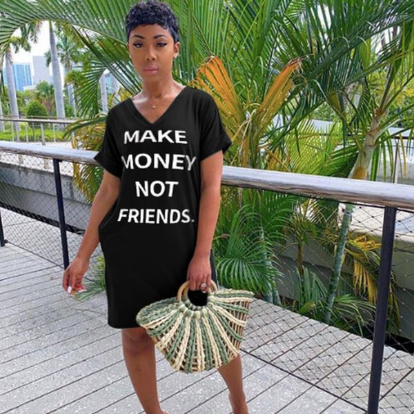 

letter print black t shirt dress women summer midi dress 2021 streetwear short sleeve v neck knee length loose casual dress, Black;white