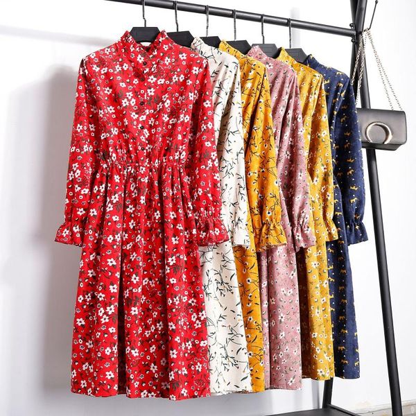 

casual dresses women autumn dress lady korean style vintage floral printed chiffon shirt long sleeve bow midi summer vestido, Black;gray