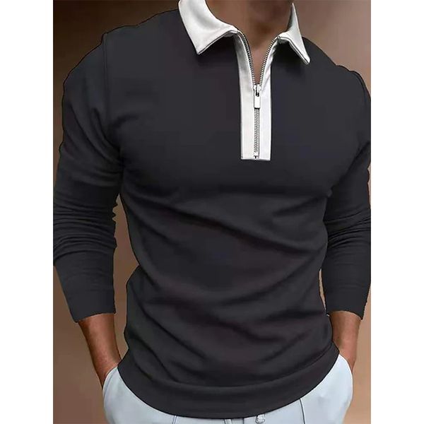 

pumpkin print men zipper long sleeve polo shirt, comfortable, breathable, fashionable and cool, daily business trip, work party, White;black