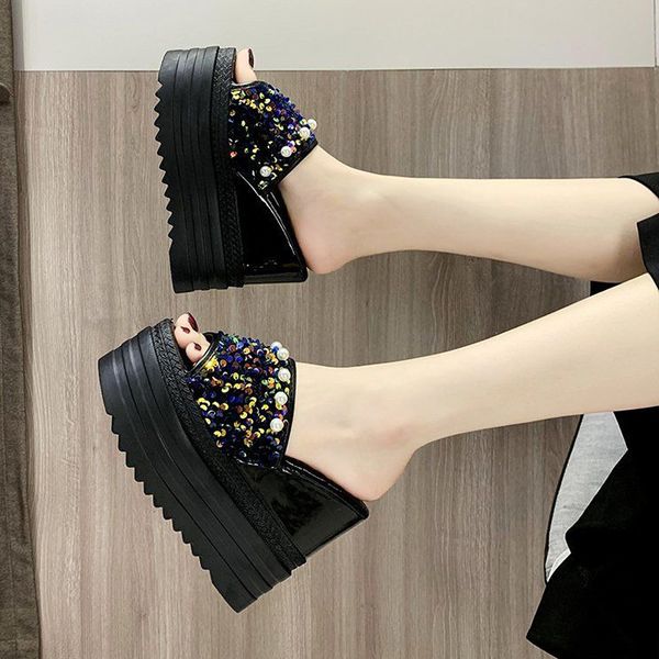 

dress shoes high platform slippers women for summer outdoor beach woman sequined cloth wedge heels thick sole femmes sandales j8bi, Black