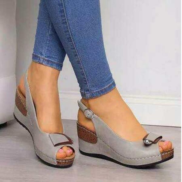 

sandals women's shoes wedge high heel fish mouth buckle solid color women, Black