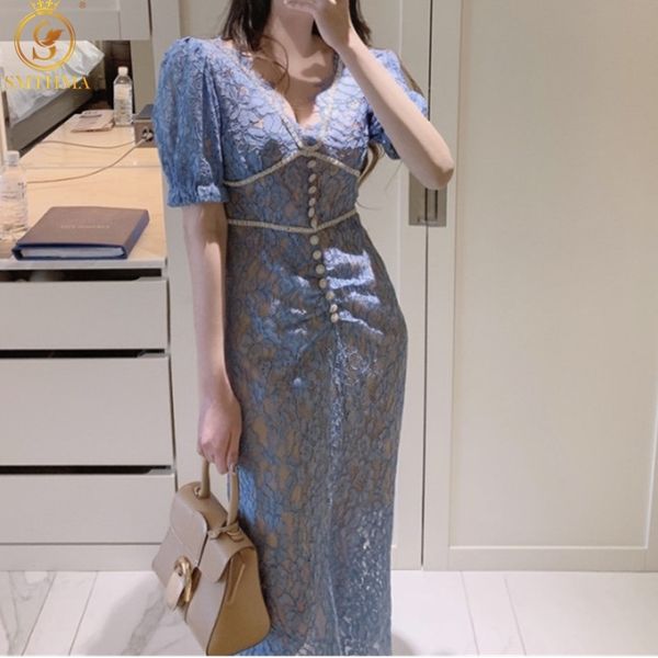 

casual dresses 2021 fashion women's lace hollow out summer elegant sleeve v-neck diamond button slim party vestido sleu, Black;gray