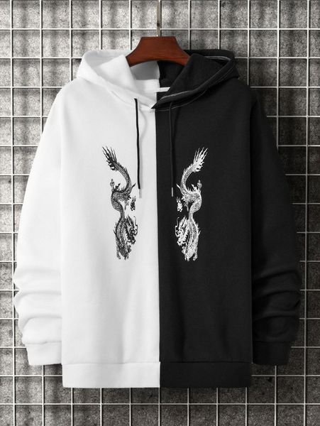 

men chinese dragon print colorblock drawstring thermal hoodie g55e#, Black