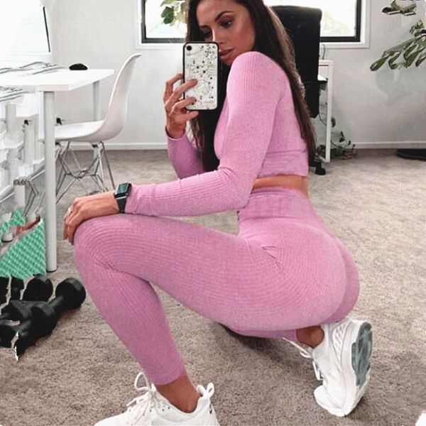 

yoga outfit 2pc women seamless set gym workout sportswear stripe fitness long sleeve non-wire sports bra leggings clothing