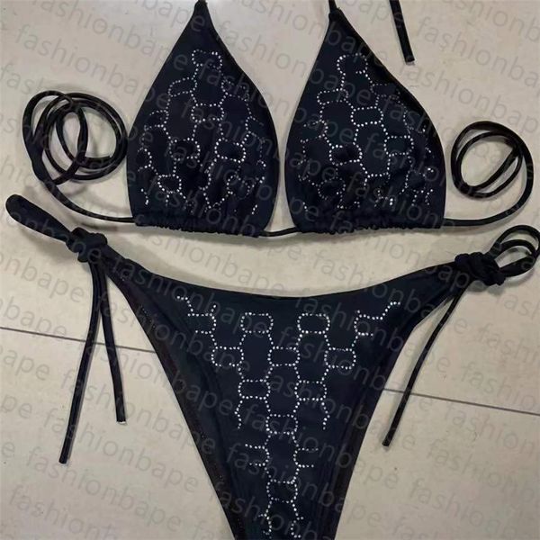 

shiny design solid swimwear home textile black pink diamond ornament charming bikini leisure lace up beachwear ladies