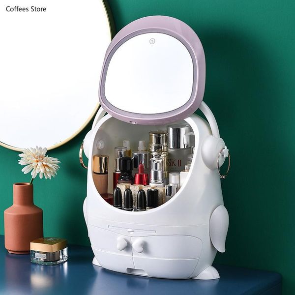 

organizer for cosmetics with mirror led light deskjewelry cosmetic storage box dustproof waterproof makeup boxes & bins