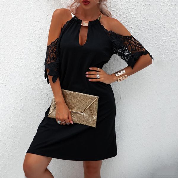 

vintage off the shoulder womens dresses solid color lace sleeve halter neck strapless mini vestidos de mujer, Black;gray
