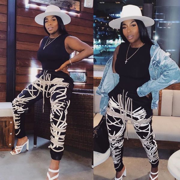 

women pants with strings all over new fashion streetwear bla irregular cross straps casual long trousers autumn fall overallsb, Black;white