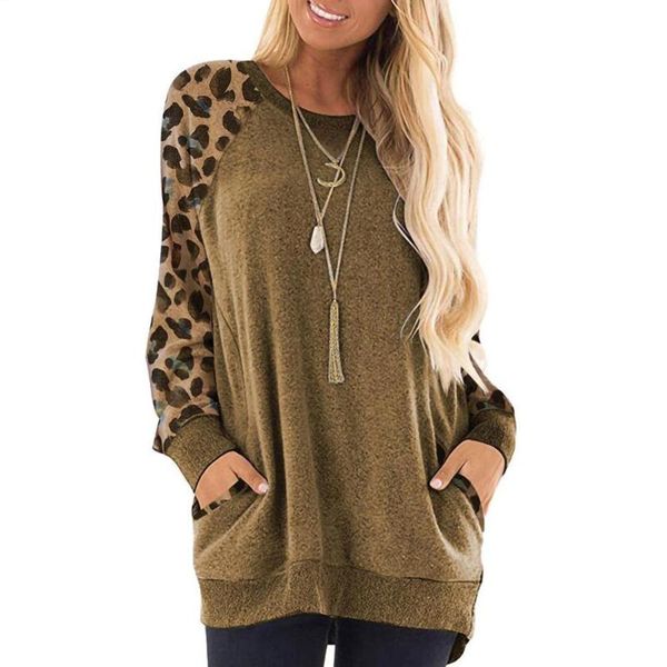 

women's t-shirt women solid color casual with leopard print long sleeves loose pullover sports fashion round neck pocket, White