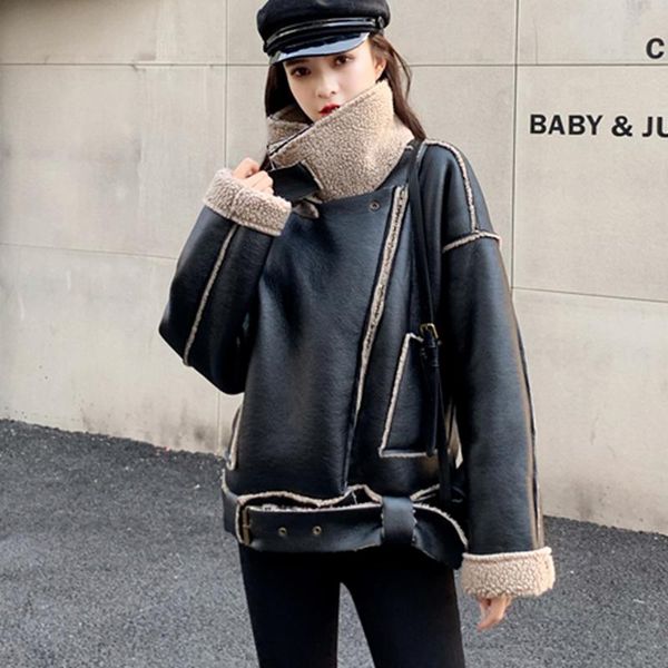 

women's fur & faux autumn winter women lamb leather jacket with belt streetwear female moto biker black pu short coat outwear