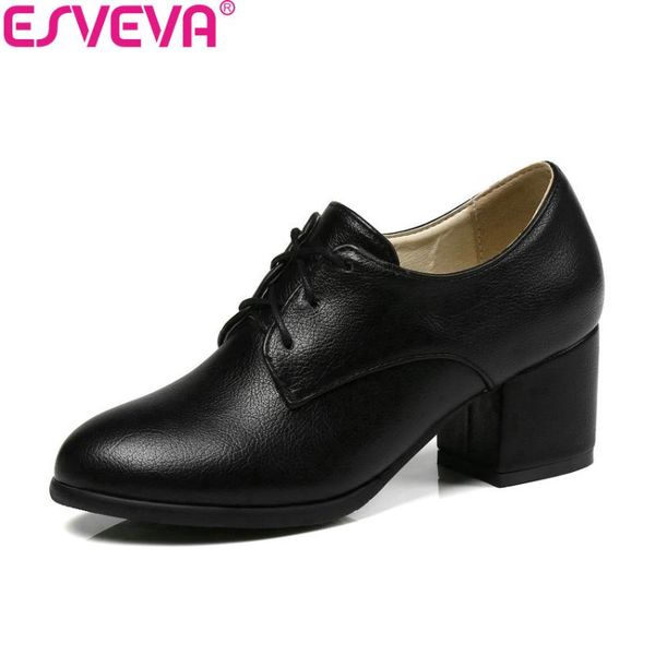 

women pumps black round toe appointment casual shoes western style lace up square high heels size 34-43 dress