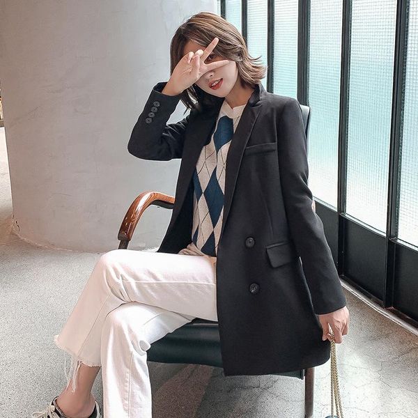 

s-2xl autumn loose blazer jacket women office wear coat women's casual solid for suit ladies long suits & blazers, White;black