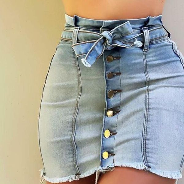 

denim skirt womens skirts high waist a line mini women summer casual bandage single button blue package hip wild jean, Black