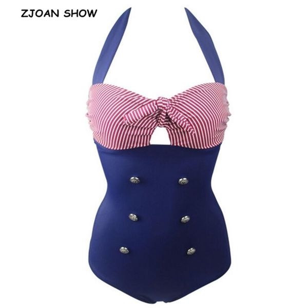

bow bandage halter collar stitching pink striped one piece swimwear women retro backless slim fit swimsuit navyblue 210429, Black;white