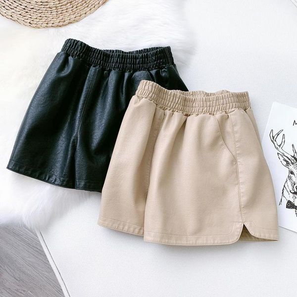 

2021autumn&winter korean women simple black high waist casual leather short all-match elastic wide leg women's shorts, White;black
