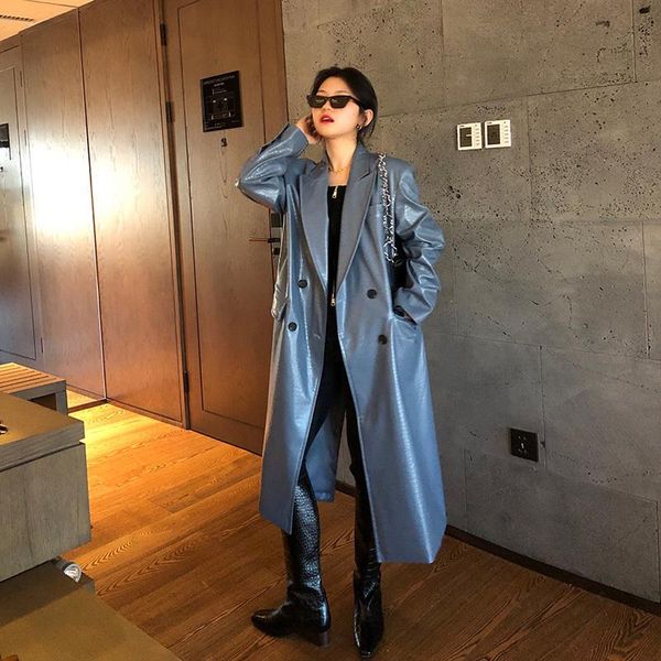 

women's leather & faux mid-length pu trench coat women haze blue crocodile pattern loose casual autumn 2021 korean notched collar fashi, Black