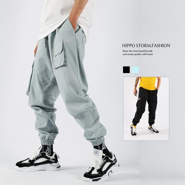

men's pants black casual men solid color overalls joggers multi-pocket retro fashions hip-hop loose sports trousers