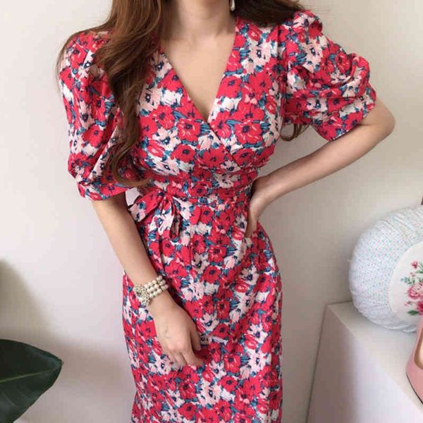 

women red slim bandage floral print high waist dress v-neck short puff sleeve fashion spring summer 2f0428 210510, Black;gray
