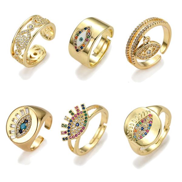 

cluster rings 2021 creative evil eye metal gold open woman fashion jewelry luxury colorful zircon paved unusual ring party, Golden;silver