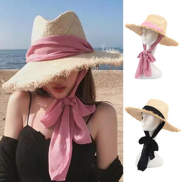 

caps & hats chic straw sun hat packable cap soft ribbon straps fix foldable travel seaside companion reduce uv harm, Yellow