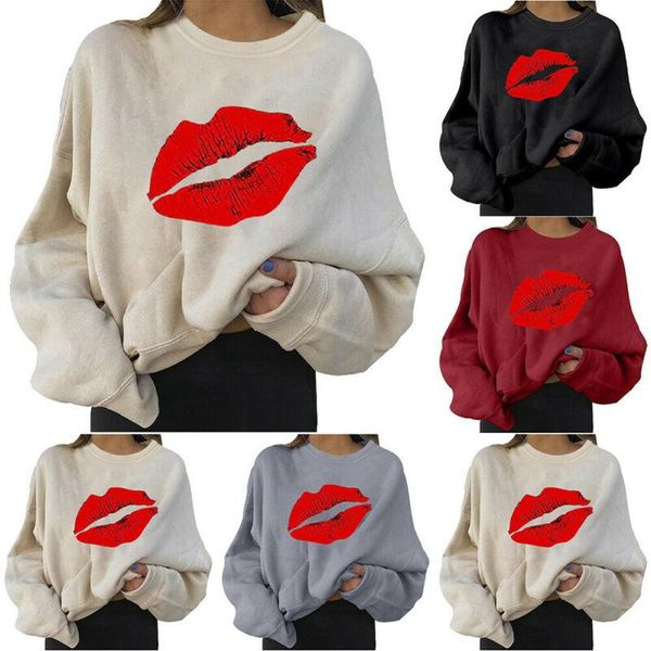 

women's hoodies & sweatshirts winter 2021 women crewed neck pullover lady lips printed hooded warmer fashion outfits causal loose femal, Black