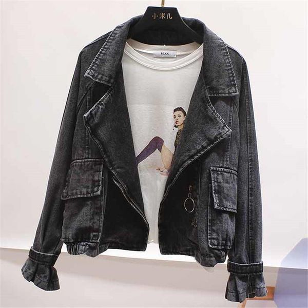 

women's jackets 2021 spring korean wash vintage zipper casual denim jacket women plus size loose black jeans ladies student outerwear, Black;brown