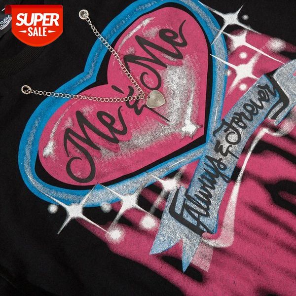 

rome trend dark black european and american hip-hop love graffiti necklace high street t-shirt short-sleeved men women ins loose lover #j20v, White;black